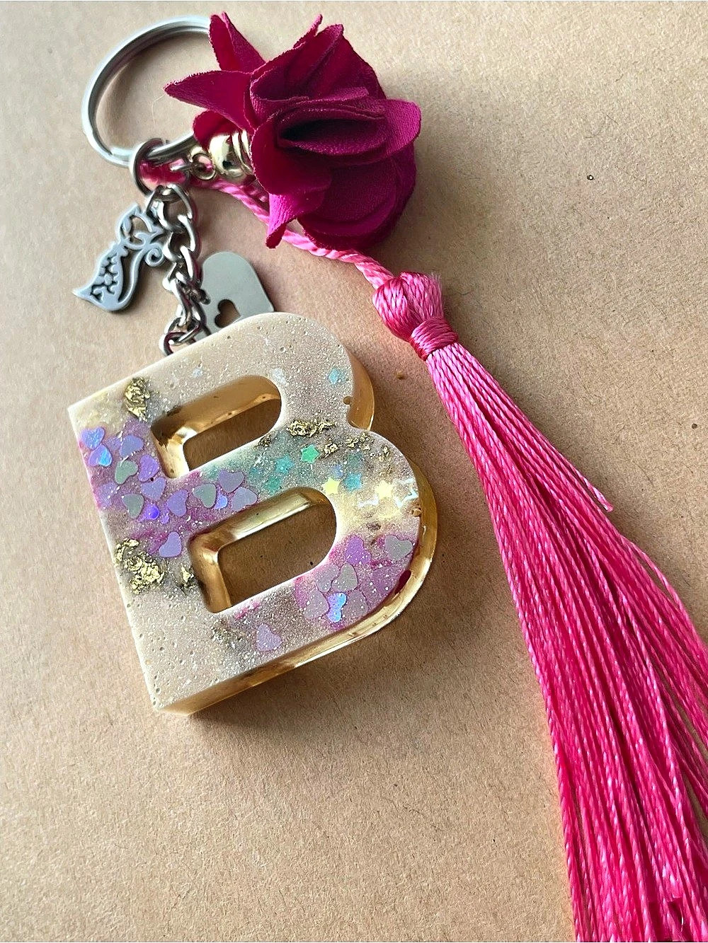 Pink & Multicolor Letter B Keychain Tassel